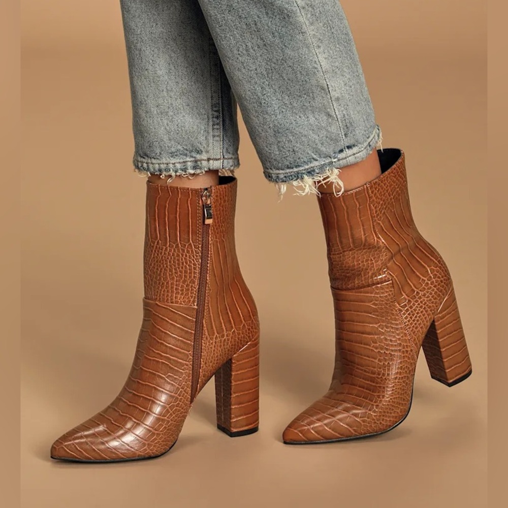 Dawson Tan Crocodile Pointed-Toe Mid Calf Boots